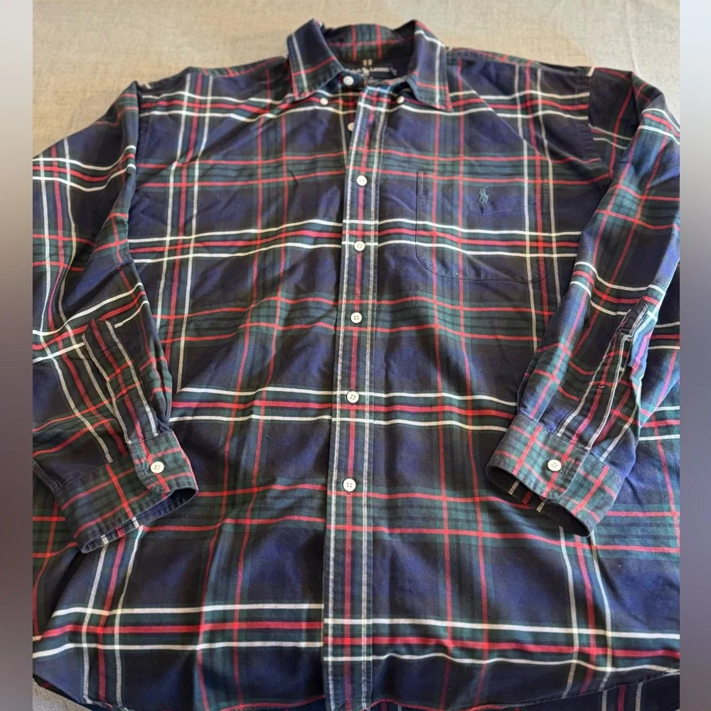 VTG Ralph Lauren BIG SHIRT Men L Navy Green Red Plaid Button Down 100% Cotton - Picture 8 of 15